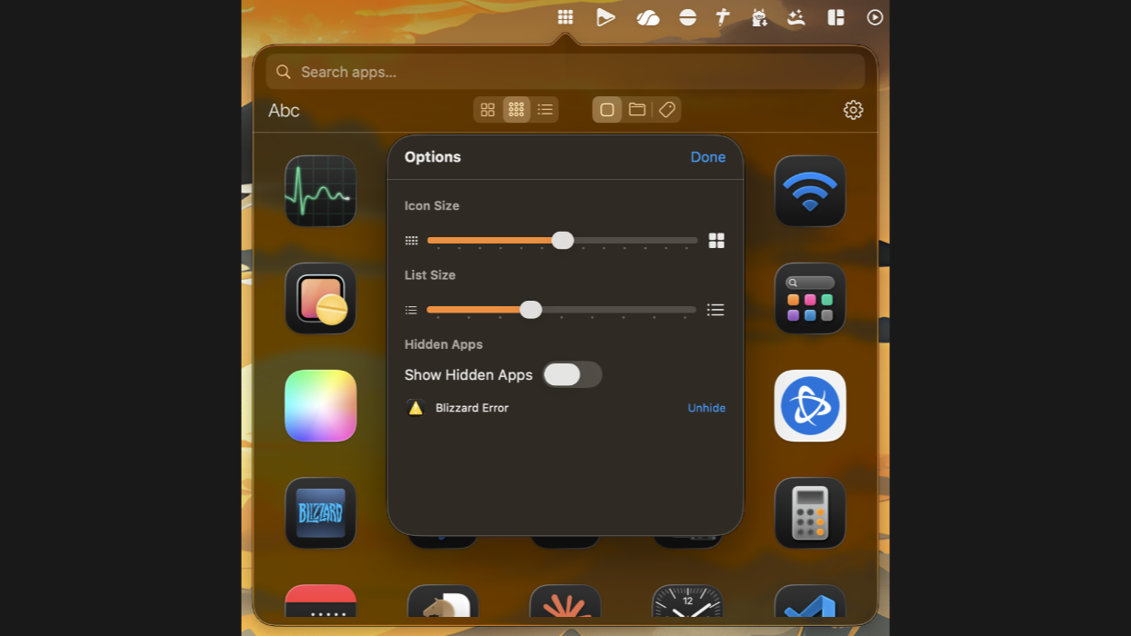 Options view — Options menu including icon and text size settings.