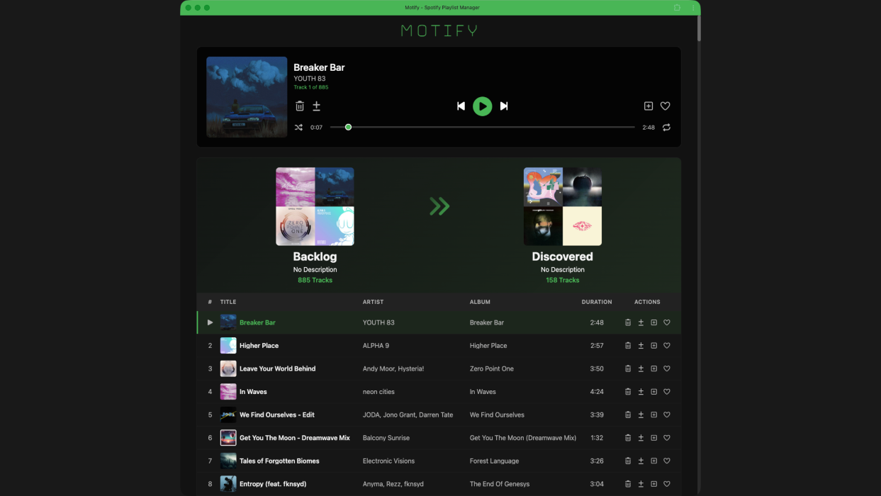 Main view — Shows a player, source and target playlists with the source playlist below.