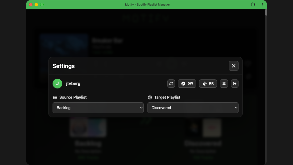 Settings view — Select your playlists and get tracks from Discover Weekly and Release Radar.