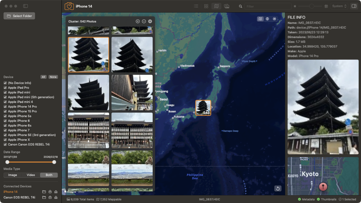 Import view — Browse and import new photos from connected devices.