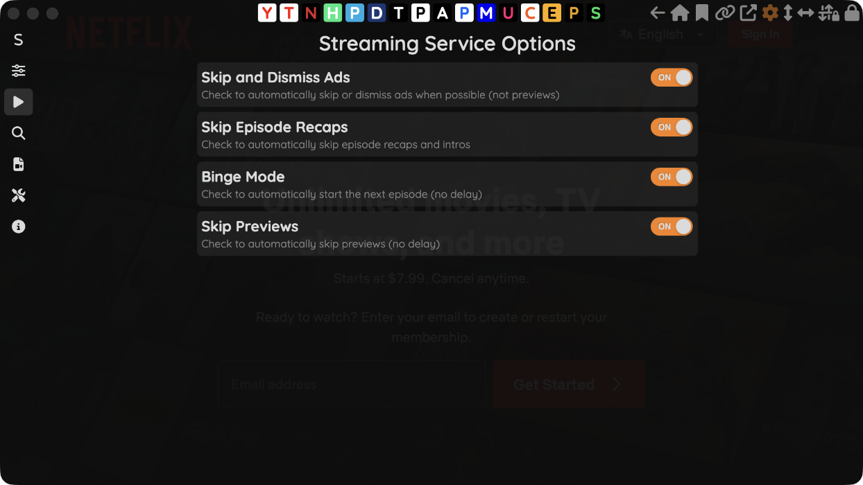 Settings — Streaming service script toggles